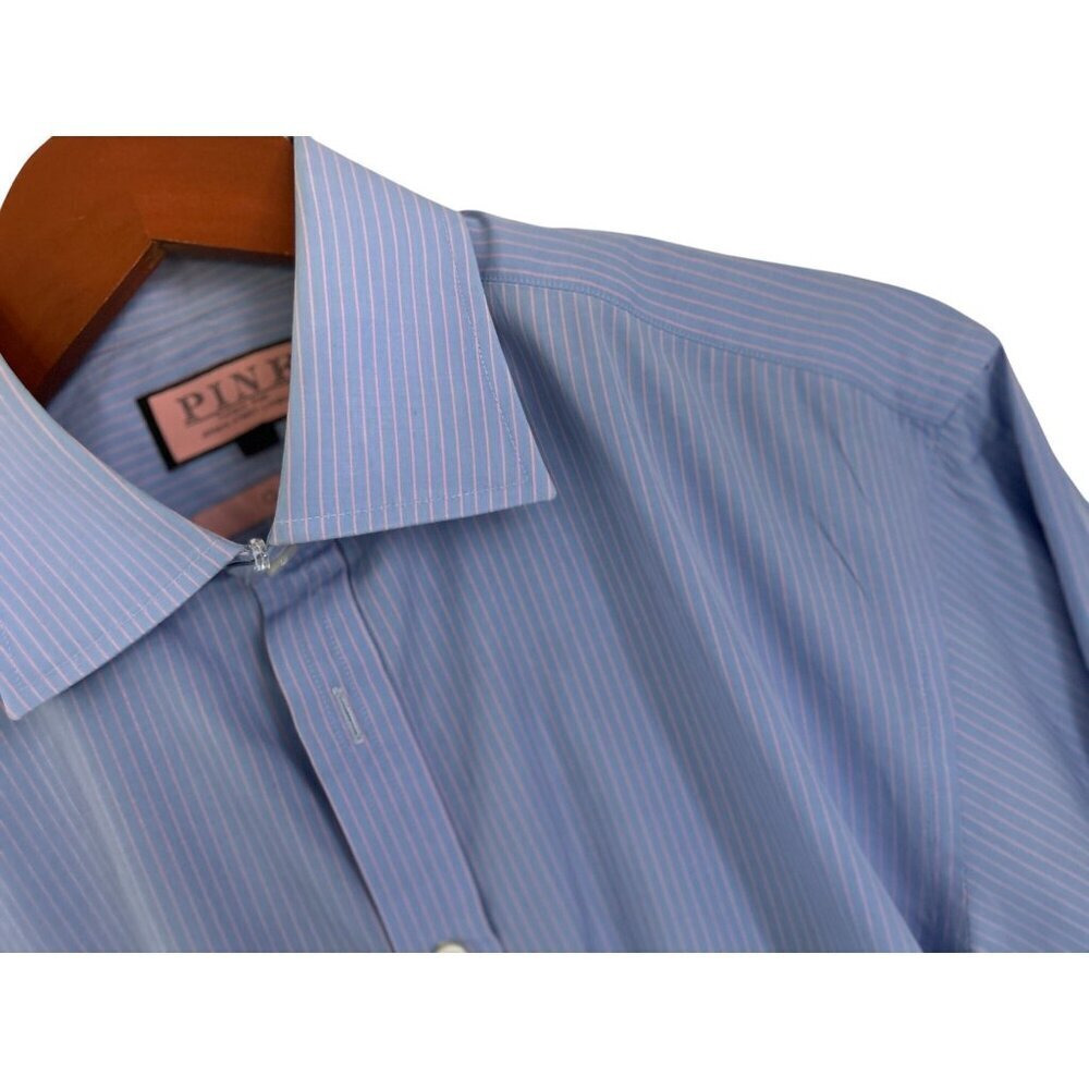 THOMAS PINK Dress Shirt Classic Fit Blue Pink Pinstripes Size 15.5